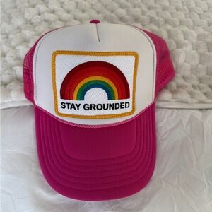 Aviator nation Pink Trucker Hat with stay grounded Rainbow Patch